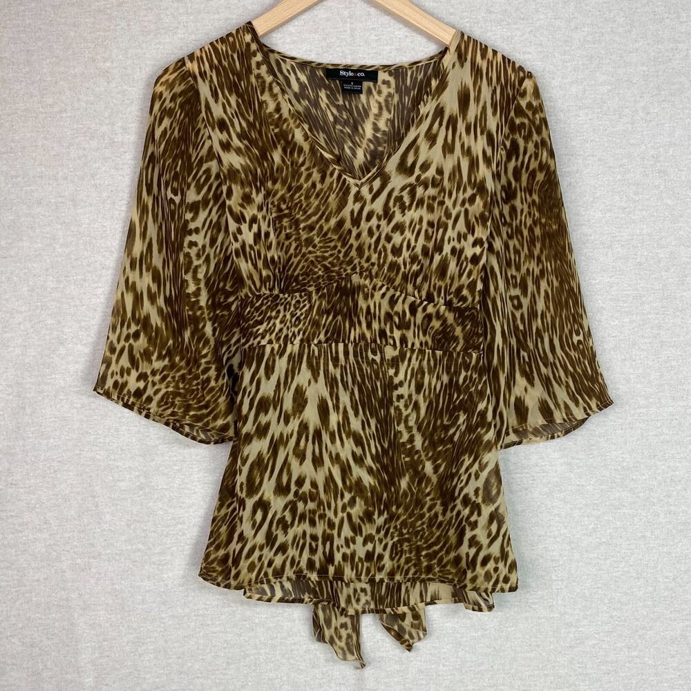 Vtg Y2K Style & Co Womens Babydoll Top Size Small 6 Tie Back 90s Grunge Leopard